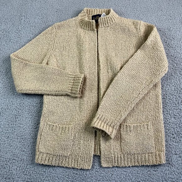 LeRoy Sweater Womens Medium Tan Knit Cardigan Acrylic Open Front Patch Pockets - Picture 1 of 10